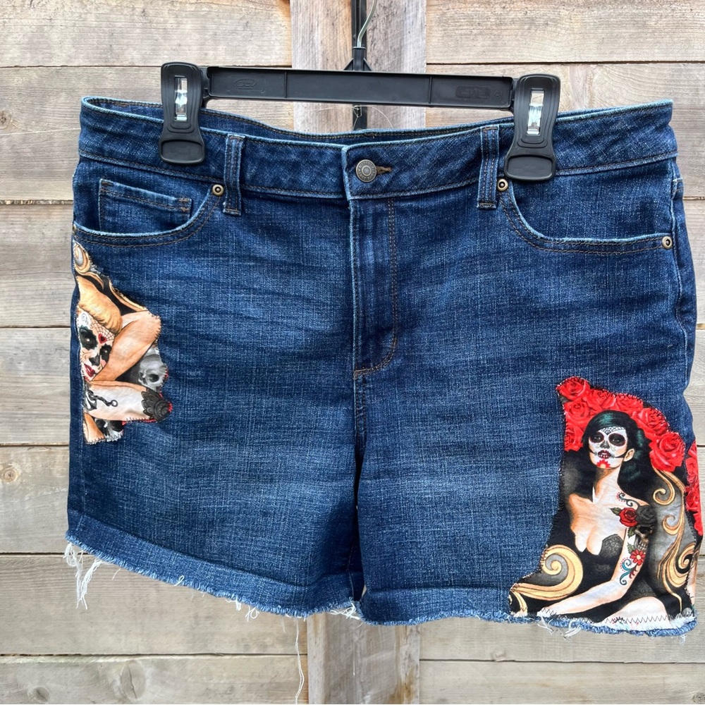 Sexy fun sugar skull ladies appliqués Up-cycled dark blue jean shorts (16)